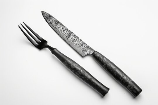 Carving Knife and Fork Set for Clean Cuts. Black Blade and Handle Kitchen Equipment for Cooking Food on White Background