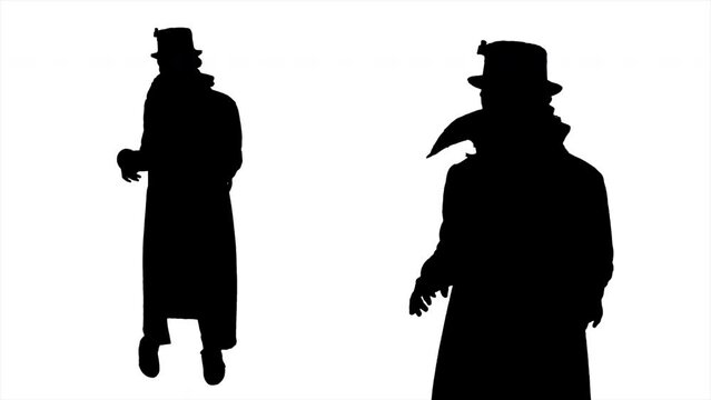 Weird Masked Silhouette Figure Spooky Costume Medium Large Shot. Large and medium shots of a weird masked silhouette figure with a strange costume