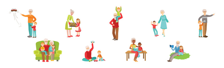 Grandfather and Grandmother Spending Time with Grandchildren Vector Set - 785418705