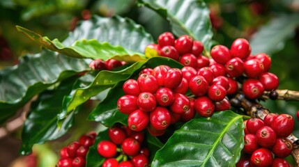 Obraz premium Coffea Arabica Plant with Ripe Red Coffee Fruits - Cultivation in Guatemala, Central for Hot Drink. Summer Colored Leaves and Bush of Arabica Tree
