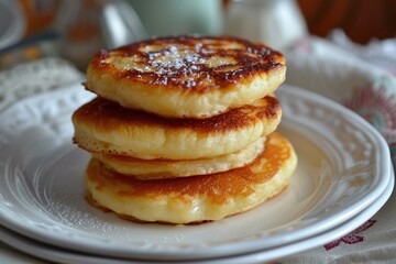Cottage Cheese Pancakes - Delicious Homemade Syrniki with Russian Cuisine Influence Served on White Plate as Dessert or Breakfast Dish