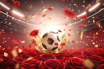 Rose background, lights and golden confetti on the rose background, football stadium with spotlights, banner for sports events