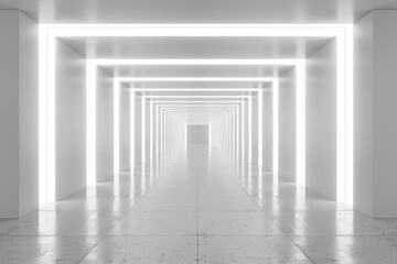 An empty underground white room like tunnel with bare walls and lighting metro