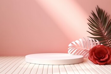 Rose background with palm leaf shadow and white wooden table for product display, summer concept