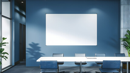 Modern blue meeting room interior with furniture and blank white mock up banner on wall. 3D Rendering.