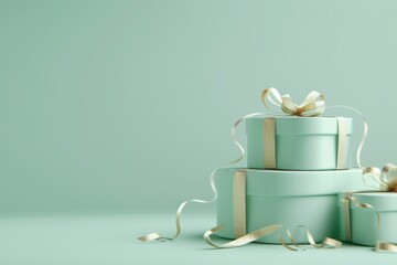 Three elegant green gift boxes with shiny gold ribbons on a soft pastel green background with space for text