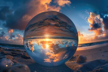 Crystal Clear View: Beautiful Abstract Clouds Captured Through Lens Ball at the Beach