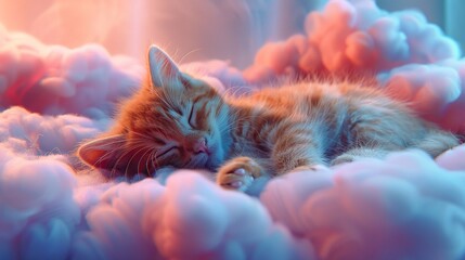 Kitten napping on a floating cloud, soft pastel backdrop, serene midday light, overhead view, 3D cozy scene - obrazy, fototapety, plakaty