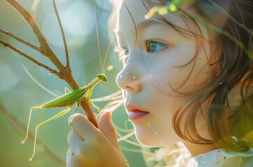 Close up of a young girl holding a stick with a green praying mantis on it, on a sunny day with bright light - Powered by Adobe