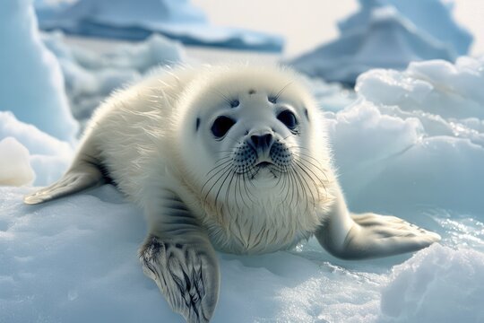 Cute Baby Harp Seal Pup - Newly Born on Icy White Sea. Adorable Fur and Lovable