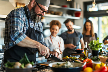 Cooking Masterclass With a Chef Demonstrating Knife Skills to an Attentive Group of Adults