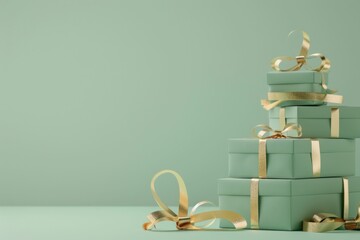 Festive green gift boxes with gold ribbons and bows on a vibrant green background for a holiday celebration