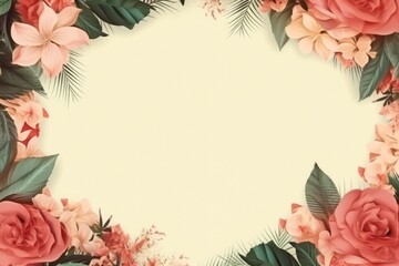 Rose frame background, tropical leaves and plants around the rose rectangle in the middle of the photo with space for text