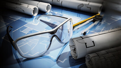 Augmented reality glasses with architectural bluprint floor plans. 3D illustration