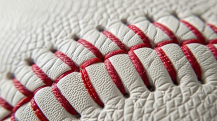 Baseball leather ball close up, macro photo of stiches and seam