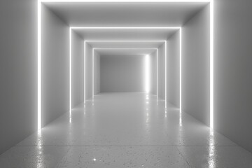An empty underground white room like tunnel with bare walls and lighting metro
