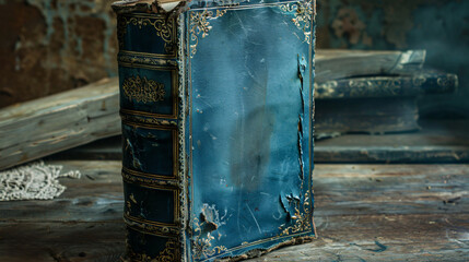 Old leather fantasy blue book with rough and warn out