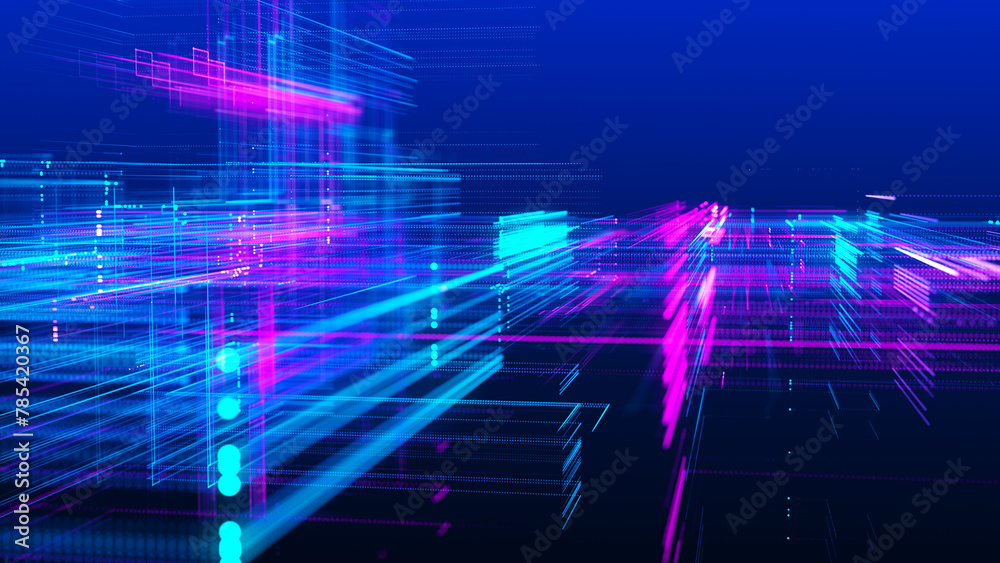 Poster abstract techno background. three-dimensional composition of intersecting multi-colored grids. infor