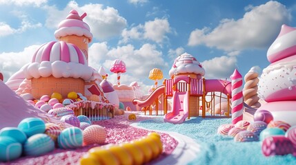 Cartoon kids in a candythemed playground, sweet vibrant colors, eyelevel angle, 3D sugary delight