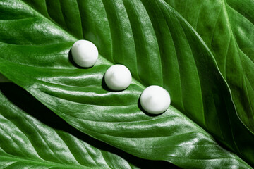 Beauty cream drops on green leaf - 785420397