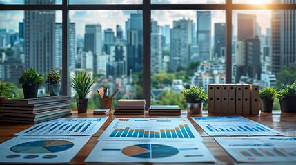 A panoramic view of a risk manager's office, where detailed charts showing various risk factors are laid out before him.