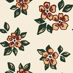 Seamless floral pattern, artistic old fashion ditsy print, abstract ornament of hand drawn plants. Botanical design in a folk motif: small flowers, leaves, simple bouquets. Vector illustration.