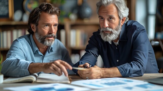 A professional setting in a financial advisory office, with a financial advisor pointing at key metrics on a financial report across the desk from a client, both engaged in a serious discussion.