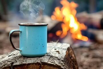 Morning Bliss: Blue Enamel Cup of Coffee Warmed by an Outdoor Campfire - obrazy, fototapety, plakaty