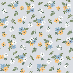 Seamless floral pattern, liberty ditsy print of mini simple flowers in a baby motif. Cute botanical design, abstract ornament: small hand drawn daisies, tiny leaves on blue meadow. Vector illustration