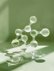 Model of molecule on table against green background for scientific research and education concept