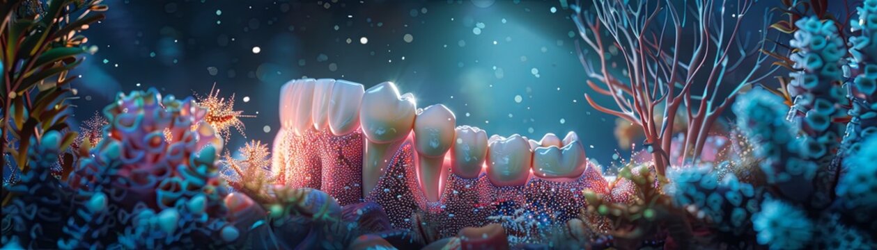 A set of healthy teeth are set in a colorful coral reef.