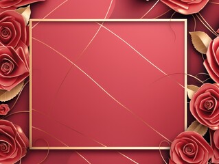 Rose velvet background with golden frame, luxury and elegant template for design. Vector illustration of rose texture fabric with gold square border