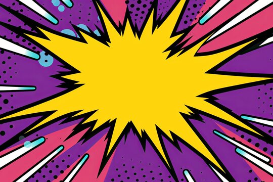Purple background with a white blank space in the middle depicting a cartoon explosion with yellow rays and stars. The style is comic book vector