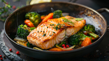 A skillet filled with a seasoned salmon fillet and colorful vegetables including broccoli, carrots, and onions.