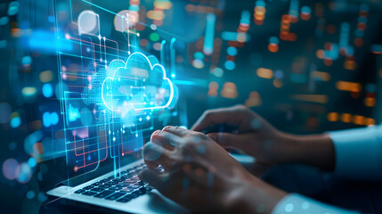 A person types on a laptop computer with a cloud icon displayed on the screen.