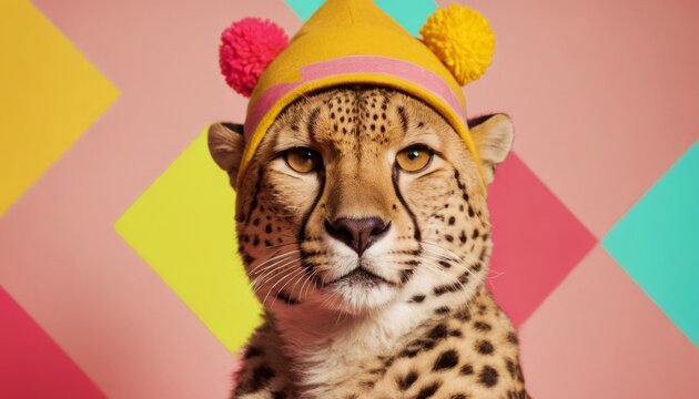 Funny Cheetah in a bright hat, against the background of a pink wall, vintage and fashionable style. Isolated studio portrait close up.  cute and unusual image. Copy space