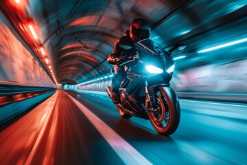 Motorcycle Speeding Through Tunnel with Rear Curtain Sync for Dynamic Motion Effect, Capturing Editorial Photography Essence.