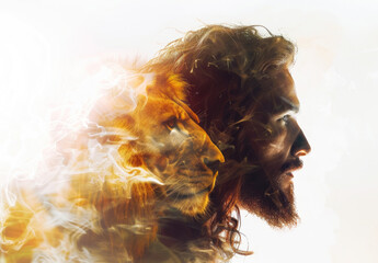 Fototapeta premium double exposure of Jesus and lion, white background, light colors