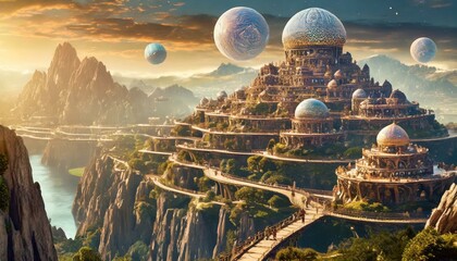 ultra-detailed view of ancient civilization city of many humans floating on a planet, guarded by alien spheres with a message for future generations; narrow walkways on top of many connecting - obrazy, fototapety, plakaty