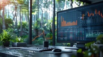 An early morning setting in a spacious office, an investor examining and annotating a portfolio of charts, with multiple monitors displaying dynamic stock market data.