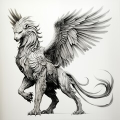 Obraz premium Black and White Illustration of the Griffin on a White Background