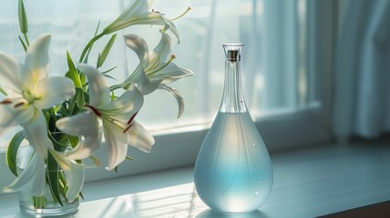 Fresh Fragrance Bottle on Windowsill with White Lilies at Sunrise

