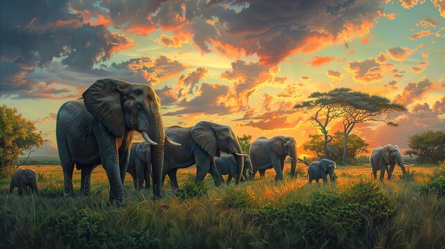 Capture a majestic herd of elephants grazing peacefully in a lush, untouched African savannah at sunrise in a traditional Art Medium