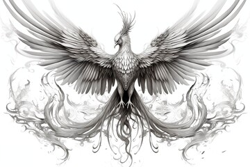 Black and White Illustration of a Phoenix on a White Background