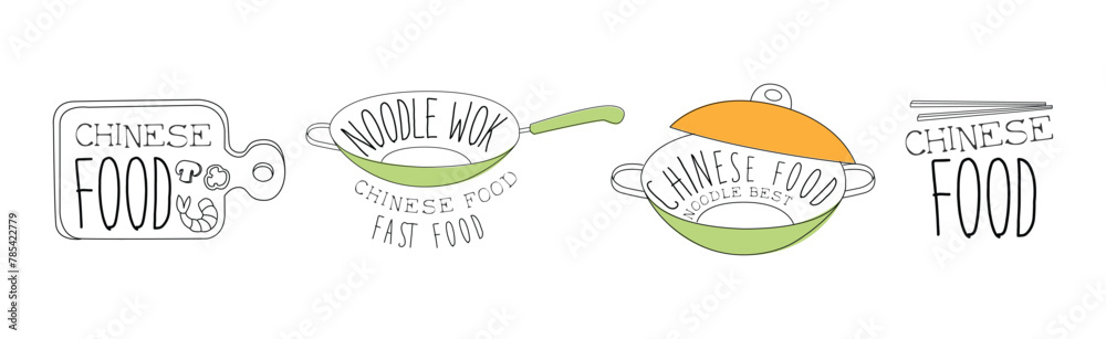 Wall mural chinese wok noodles dish preparation element line vector set