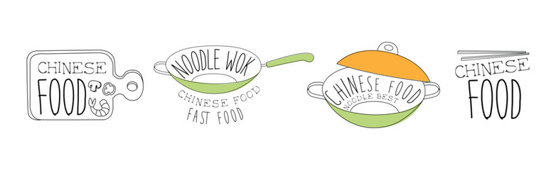 Chinese Wok Noodles Dish Preparation Element Line Vector Set