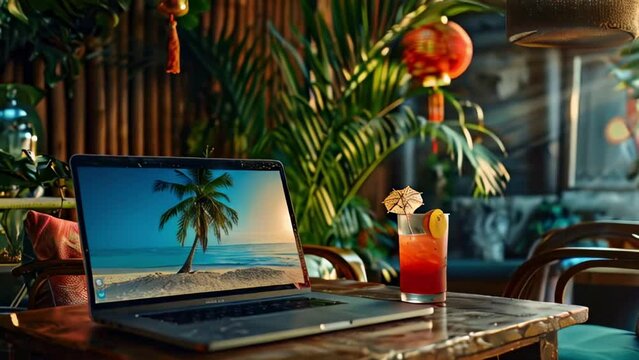 laptop on a wooden table with a multi-colored cocktail in an exotic atmosphere against the background of a window, sea and palm trees.concept of travel, vibe in a warm country, vacation, relaxation