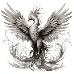 Obraz premium Black and White Illustration of a Phoenix on a White Background