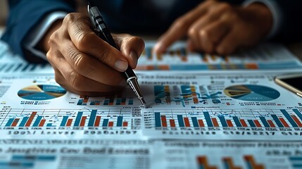 Naklejka premium Early morning financial review, hands of a finance expert writing notes on charts and graphs, morning light casting shadows over the detailed financial data, setting a serious .