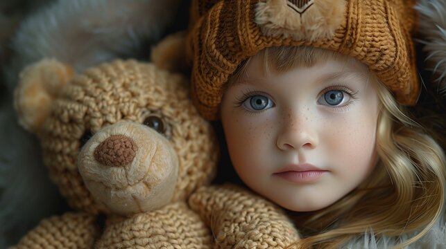 Little girl in a wool cap holding a stuffed toy teddy bear